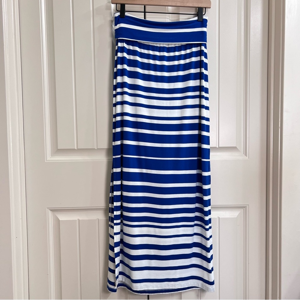 Athleta Womens Jersey Foldover Maxi Skirt in Blue & White Stripes, Size XS